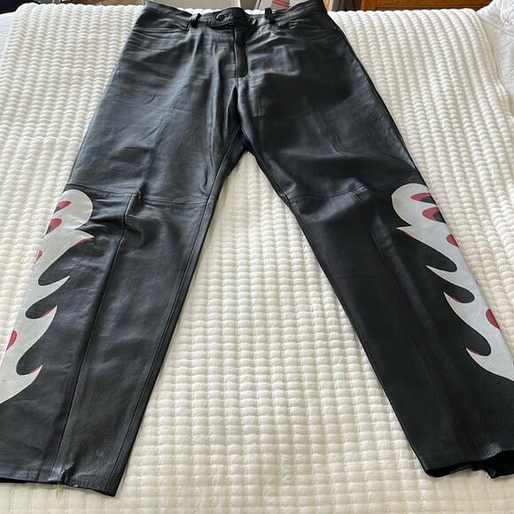 Black Leather Pants with Flame Design - Picture 1 of 5